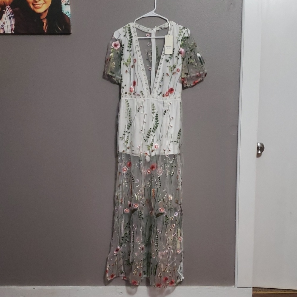 NWT EMBROIDERED LACE MAXI ROMPER